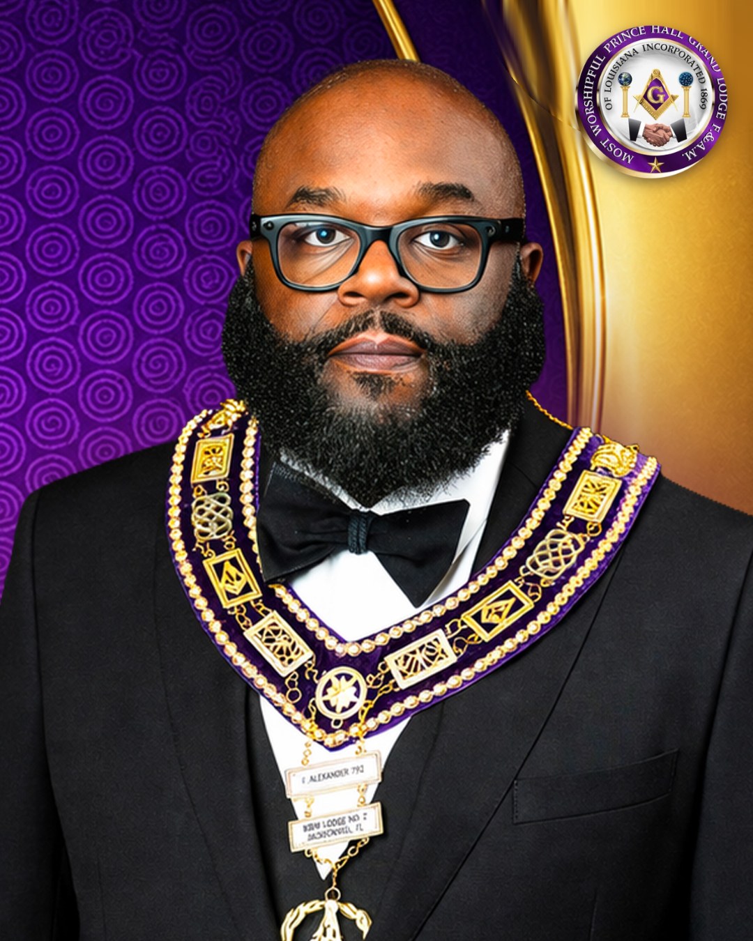 Freud Alexandre wearing the collar of office, with the seal of the Most Worshipful Prince Hall Grand Lodge of Louisiana